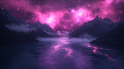 Fototapeta premium Majestic night scene with vibrant pink nebula over tranquil mountains and shimmering water.