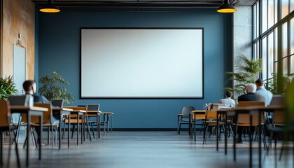 Empty screen in a contemporary, bright conference room, with a small group of people seated and preparing for an important business presentation