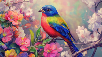 Fototapeta premium colorful bird sitting on a blossoms branch.