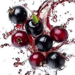Glossy Blackcurrants in Liquid Explosion Isolated on Transparent Background