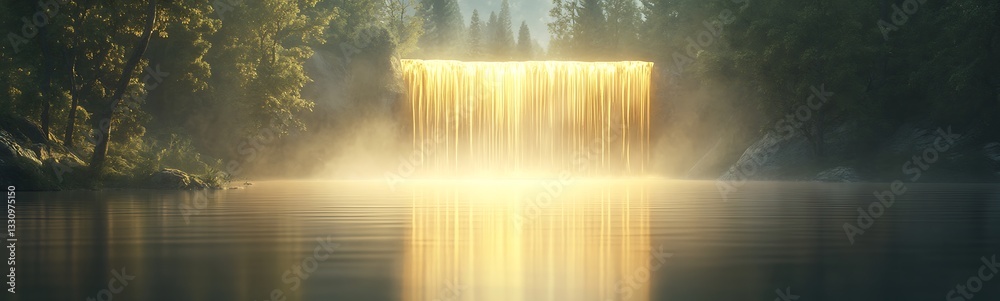Aufkleber serene waterfall illuminated by sunlight, surrounded by lush greenery and mist.