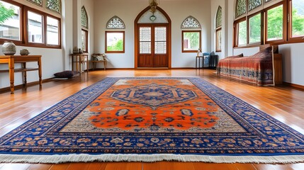 Ornate rug in spacious, sunlit Asian interior