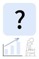 Question mark over graph with upward trend and factory outline with smoke. Ideal for forecasting, strategy, industry analysis, growth, economics, decision-making, innovation. Flat simple metaphor