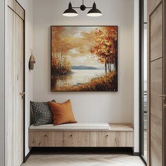 Autumnal Landscape Painting Above Built in Bench in Minimalist Hallway