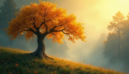 Fototapeta premium Liquid gold foliage, ethereal tree in soft light , unique, shimmering