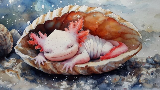 Artful watercolor rendering of an axolotl resting inside a shell by a serene water setting