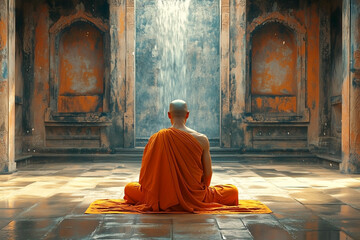 Monk Meditating in Ancient Temple, Achieving Inner Peace and Serenity