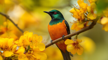 bird with orange and green color body sitting on a branch with yellow blossoms background