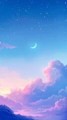 A dreamy night sky with a crescent moon, stars, and pastel clouds