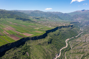 Aerial view of Debed River canyon and colorful agricultural fields near Odzun, Alaverdi, and...