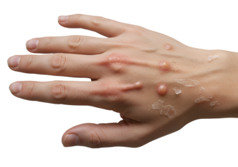 Close-up of a hand with skin lesions and peeling skin.