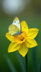 Delicate butterfly wings on bright yellow daffodil bloom, yellow, flower