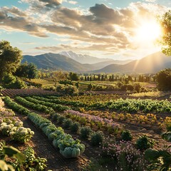 Fototapeta premium A breathtaking agricultural landscape at sunrise featuring neatly aligned crop rows in the foreground, rolling green fields, and a warm golden sky. Ideal for farming, rural life, nature