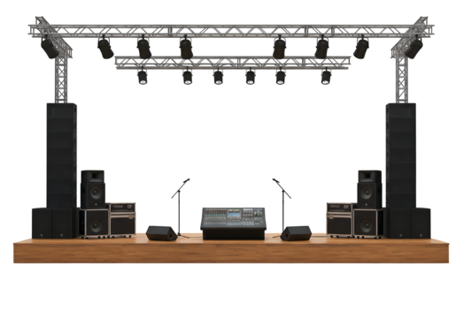 Professional Stage Setup with Audio Visual Equipment isolated on white or transparent png background