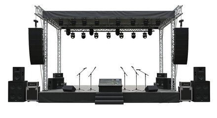 Professional Stage Setup with Audio Equipment for Live Performance isolated on white or transparent png background