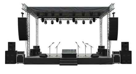 Professional Stage Setup with Audio Equipment for Live Performance isolated on white or transparent png background