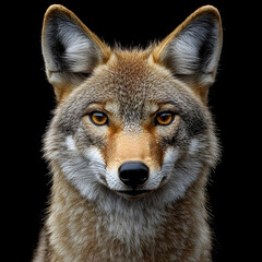 Fototapeta premium A close-up portrait of a coyote with piercing golden eyes, isolated against a black background.