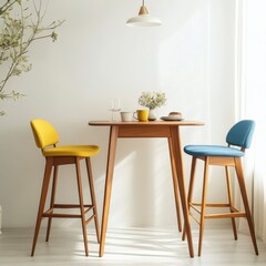 Bright Minimalist Kitchen with Yellow and Blue Bar Stools
