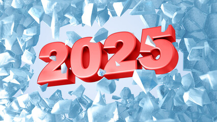 2025 Symbol Breaking Through from Blue Ice Wall. 3D Rendering