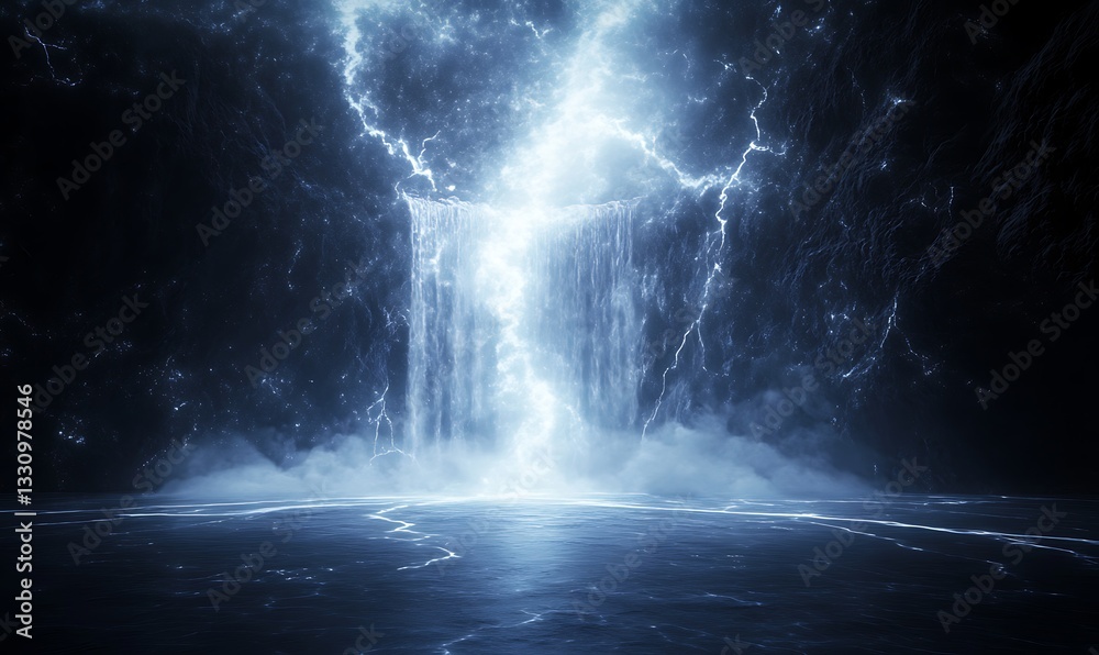Aufkleber mysterious waterfall illuminated by blue lightning in a dark cave setting.