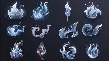 A collection of stylized flame illustrations in shades of blue and gray, creating a sense of ethereal energy and mystical charm