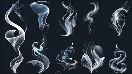smoke effect art set of wisps, swirls and abstract shapes, floating against a dark background