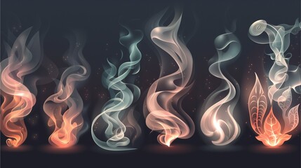 a collection of stylized colorful smoke in different shapes. Various designs with smoke in vibrant hues, exuding an artistic flair