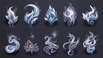 a collection of stylized smoke elements, in various abstract shapes and forms, floating against a dark backdrop