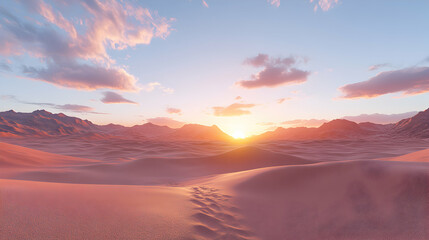 Serene desert sunset landscape with soft pink sand dunes and distant mountains, bathed in golden light.