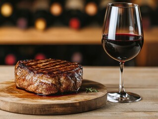 Savory grilled steak served with a glass of red wine on a wooden board.