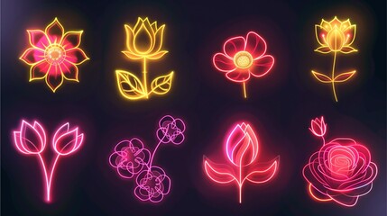 glowing neon flowers in various shapes and colors on a dark background, set on a dark background