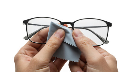 Hands cleaning eyeglasses with microfiber cloth isolated on white or transparent png background