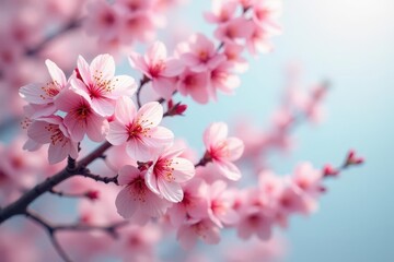 Obraz premium Delicate pink cherry blossom branches, intricate network of twigs and blooms, spring, macro