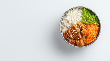 Modern korean fusion bowl featuring rice and vegetables artfully presented on a white surface for culinary delight