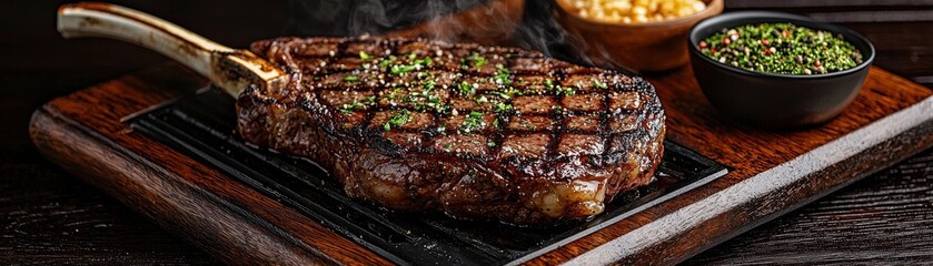 Delicious grilled steak served on a wooden board with sauces and garnishes.
