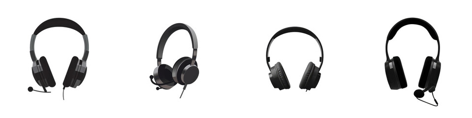 Four black headphones displayed against a simple white background isolated on white or transparent