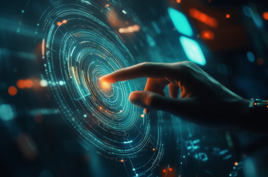 Artificial intelligence robot hand touching human finger with a futuristic hologram circle - Powered by Adobe