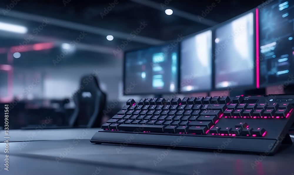 Poster Gaming setup featuring a backlit keyboard with multiple monitors in a modern environment.
