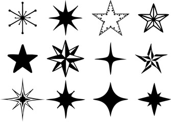Sparkle star Black Icons on white background. Blinking stars, sparks and sparkles. Shining twinkle sunburst stars. Magic light glitter flare pack for design template, poster, banner, brochure.