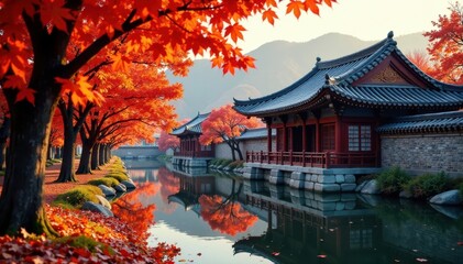 Fototapeta premium Autumn leaves ablaze around a classic Korean hanok , house, autumn leaves