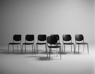 Obraz premium Monochrome image of eight unarranged chairs, capturing a sense of disorder and minimalism. Ideal for art projects, conceptual photography, or design elements