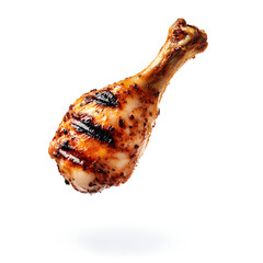 A grilled chicken drumstick with grill marks, golden and juicy, floating on a white background, flavorful.