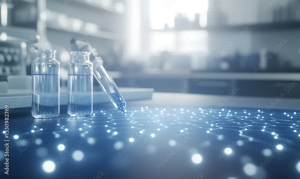 Aufkleber laboratory scene with glass vials and a pipette, illuminated by a soft glow.