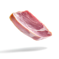 Thick slice of pink bacon, marbled and glossy, floating on a white background.