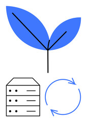 Blue leaf, server rack, and circular arrow emphasize sustainable technology, renewable energy, green computing, and recycling. Ideal for eco-tech, green energy, environment sustainability