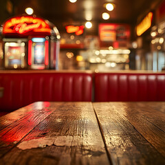 Rustic wooden table in a red diner, with a jukebox and blurred red booths in the background.