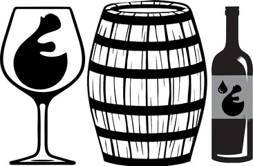 Wine bottle, glass and a wooden barrel. Party, enjoyment, celebrations, leisure, and hospitality icons.
