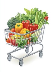 Colorful Fresh Vegetables in a Metal Shopping Cart on White Background