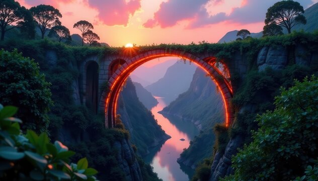 Glowing vine bridge arching over chasm at dusk, beams, roots