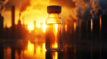 Vial of liquid with sunset background, symbolizing hope and environmental transformation amidst industrial pollution.